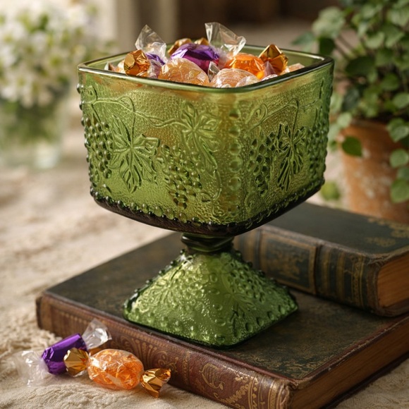 Vintage Indiana Glass Harvest Grape Avocado Green Square Pedestal Bowl - Picture 4 of 5